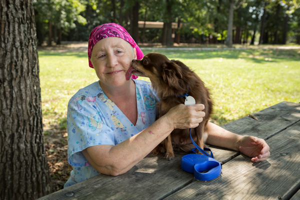 Breast cancer survivor Linda Johnson and dog Hershey