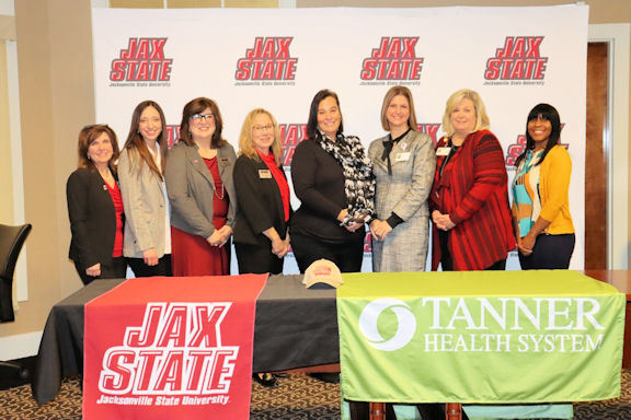 From left, JSU staff including Dr. Christie Shelton, provost; Kelly Martin, director of enrollment initiatives and transfer pathways; Dr. Betsy Gulledge, chief nursing administrator and associate dean; and Dr. Tracey Matthews, dean of health professions and wellness. And from Tanner, Matty Qualls, director of total rewards; Jill Anelli, senior vice president and chief human resources officer; Shari Gainey, director of human resources; and Alsha Paulk, benefits administrator.