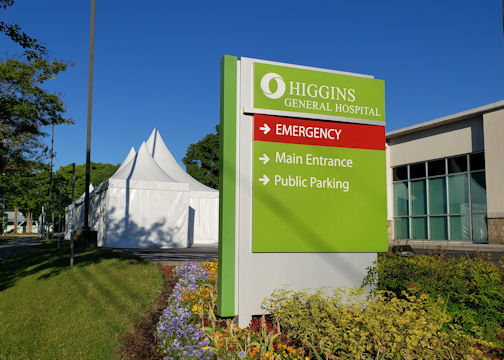 Tents outside the emergency department at Higgins General Hospital