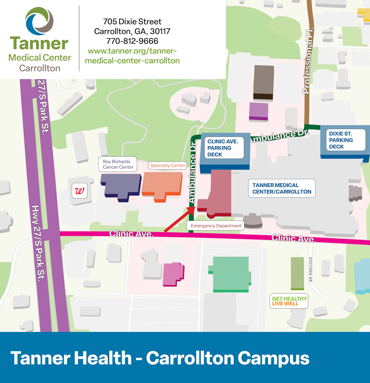 A campus map of Tanner Health in Carrollton
